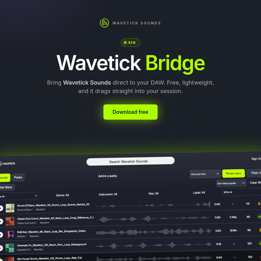 Wavetick Bridge plugin showing sound search, preview waveforms and tempo sync